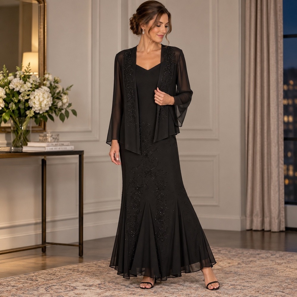 R&M Richards XL? Black Beaded 2 Piece Maxi Dress Sheer Jacket Formal Evening